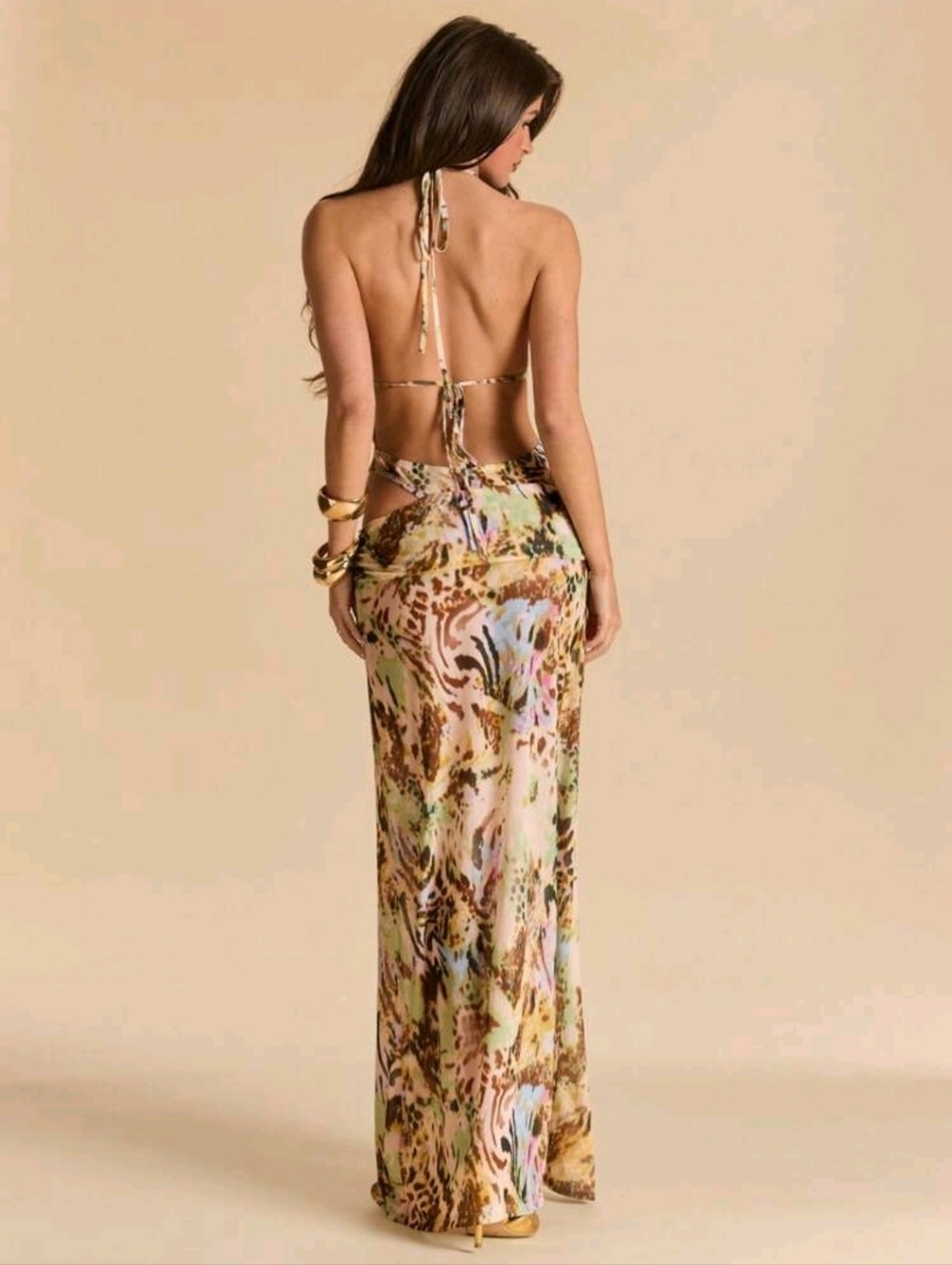 BAE Cut Out Leopard Floral Print Slit Sexy Beaded Fitted Elegant Dress - Picture 2 of 9